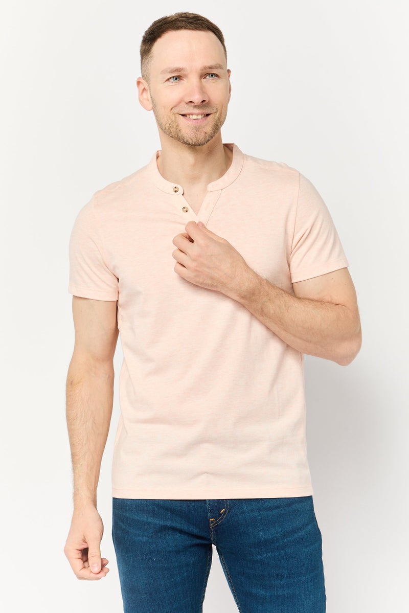 Celio Men Band Neck Short Sleeve Solid T Shirt, Peach - Image 1